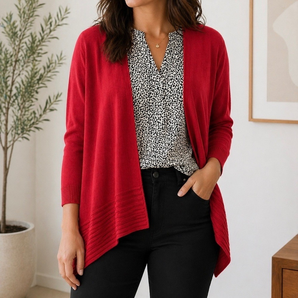 LOFT Petites Red Open Front Cardigan‎ Sweater Ribbed Sharkbite Hem MP Womens